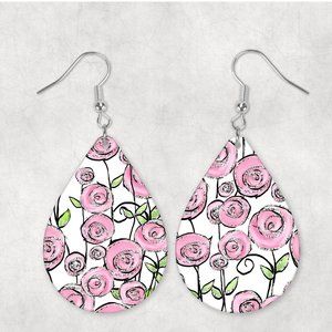 Women's Silver Glitter Pink Floral Custom Handmade Teardrop Earrings